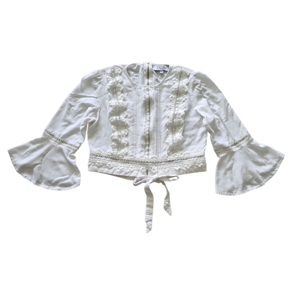 Bell Sleeve Boho Blouse Top Womens Large White Crochet Inserts Tie Front Cropped